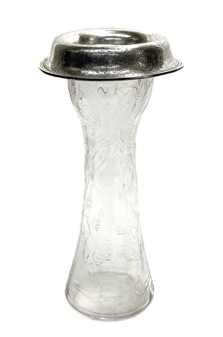 Meriden Britannia Sterling Silver and American Brilliant Cut Glass Vase, c.1900: Meriden Britannia sterling silver and American Brilliant Cut Glass vase #445, circa 1900. Etched wheat leaves throughout the exterior of the glass with a polished pontil. The silver rim had had chased