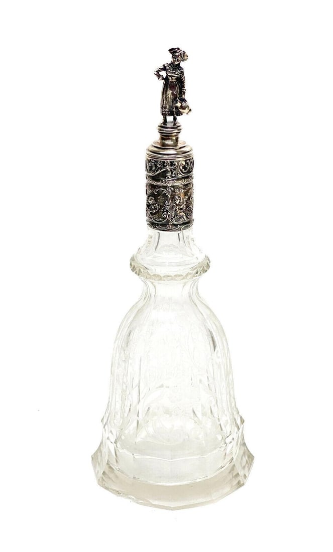 German 925 Sterling Silver and Cut Glass Decanter, Figural Cherub. Chipped (1 of 7)