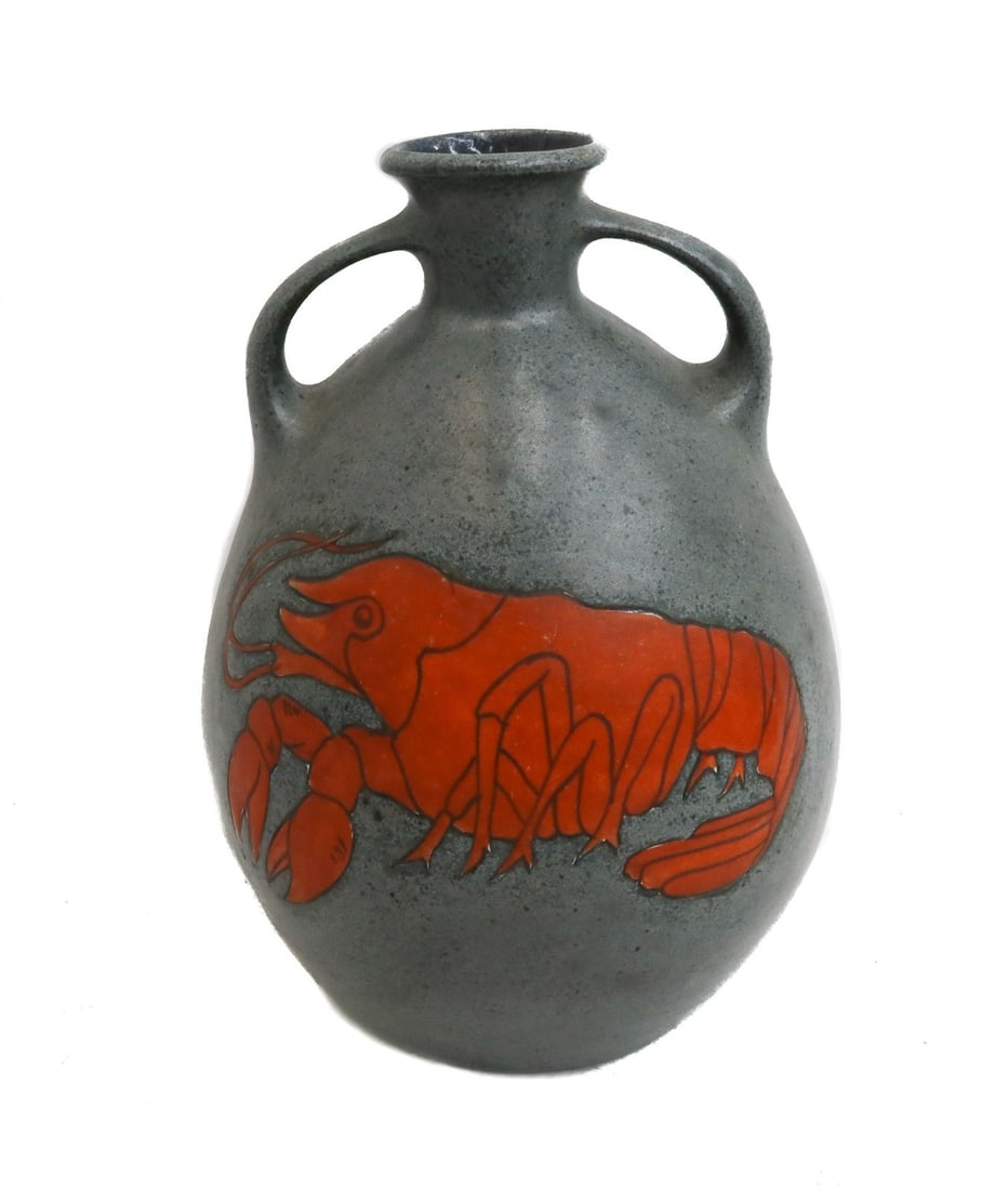 Amphora Stellmacher Teplitz Mottled Grey Lobster Twin Handled Vase c1900: Amphora Stellmacher Teplitz Lobster twin handled vase, circa 1900. Mottled grey ground with an orange/red lobster to center. Stellmacher Tepliz mark t underside. Weight: Approx. 1 lbs Measurements: Ap