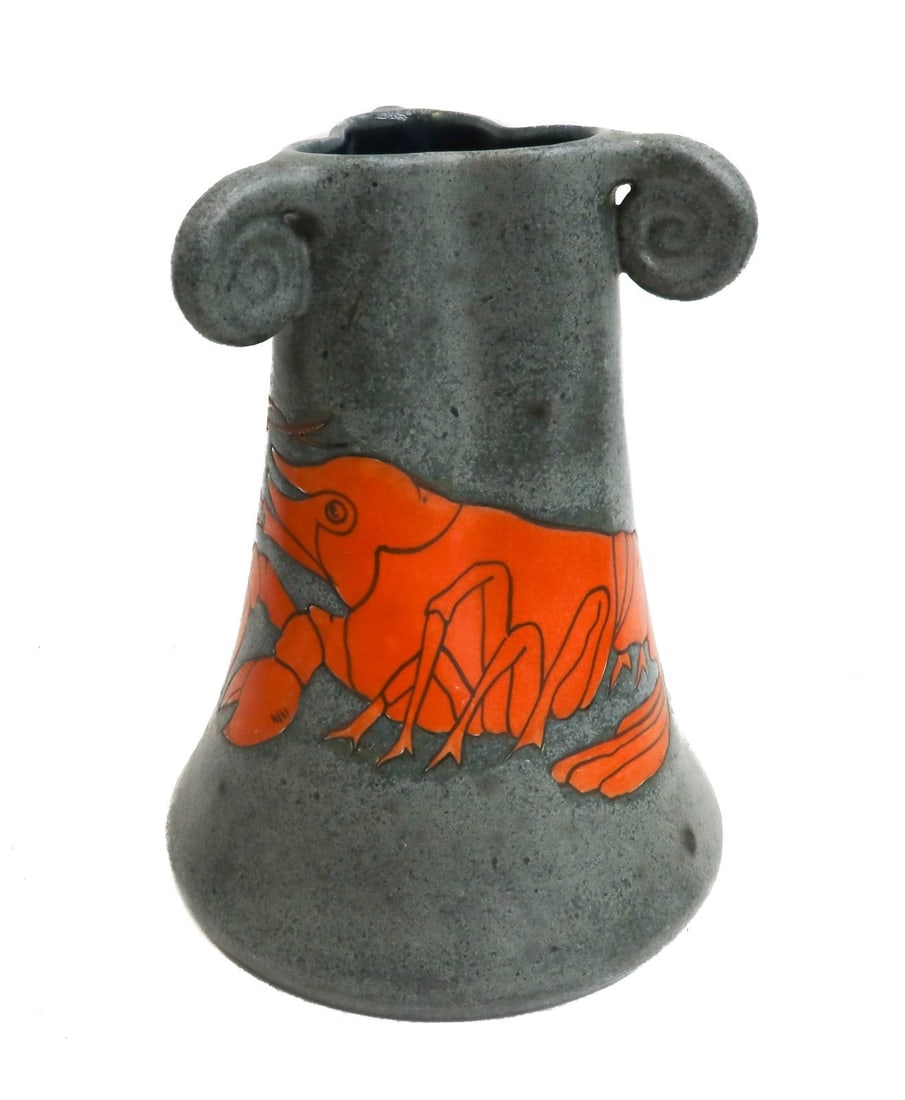 Amphora Stellmacher Teplitz Mottled Grey Lobster Tri Handled Vase c1900: Amphora Stellmacher Teplitz Lobster tri handled vase, circa 1900. Mottled grey ground with an orange/red lobster to center. Stellmacher Tepliz mark to underside. Weight: Approx. 1 lbs Measurements: Ap