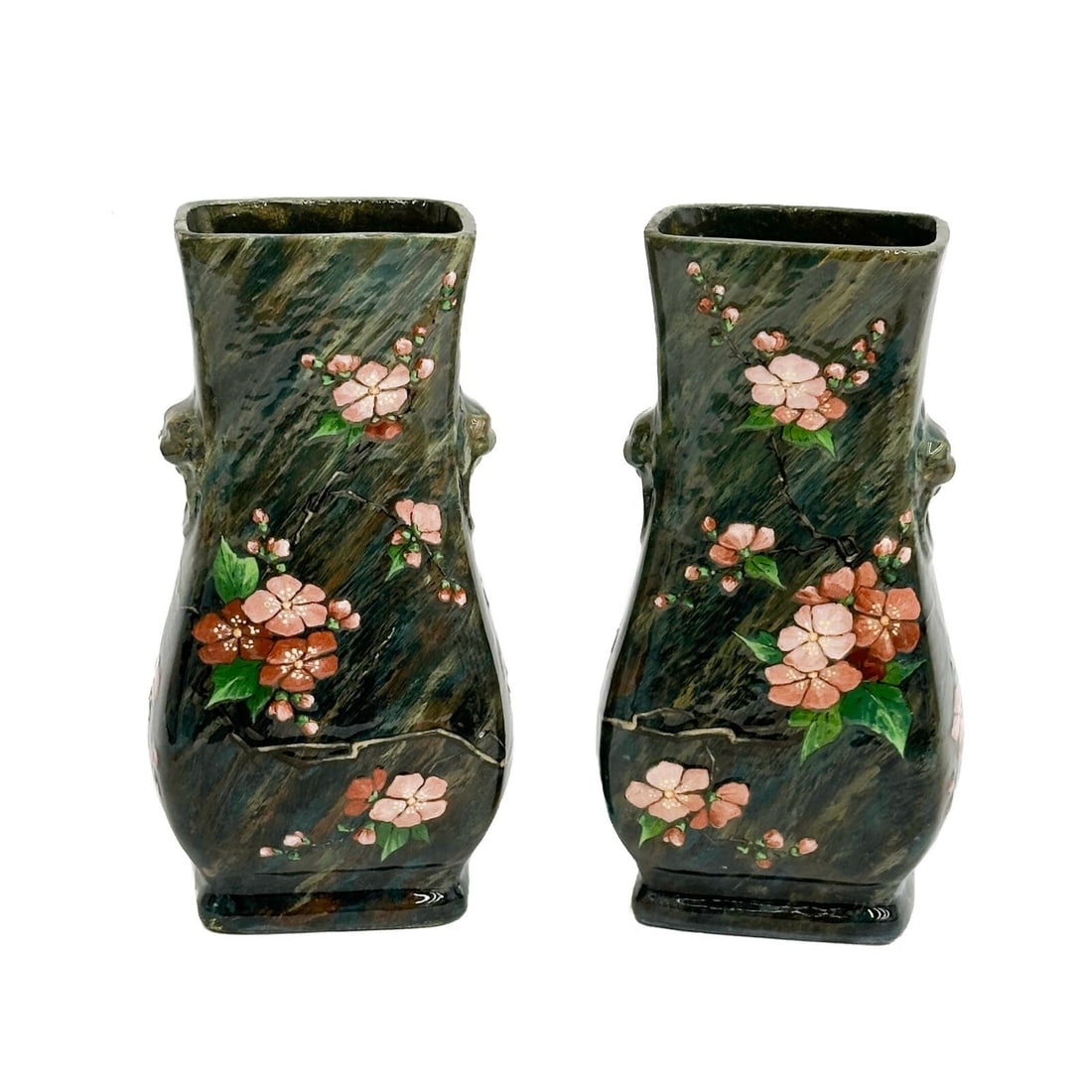 Pair French Glazed Porcelain Vases Blossoms Pate D'application Signed HC 1879: Pair French Glazed Porcelain Vases. Green and blue body decorated with Pate d'application cherry blossoms. Figural handles to the sides. Signature to lower edge, "H.C." Underside marked HC no. 73 1879