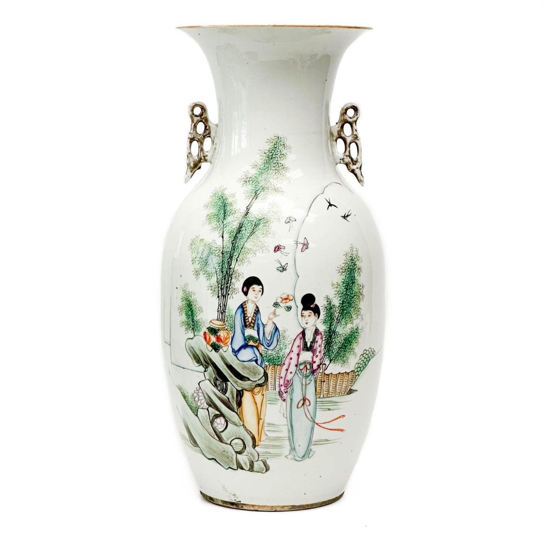 Chinese Hand Painted Porcelain Handled Vase Scene with Figures Florals: Chinese hand painted porcelain handled vase. A white ground with hand painted scene to one side featuring figures with florals and insects other side with calligraphy. Ornate gilt reticulated handles.