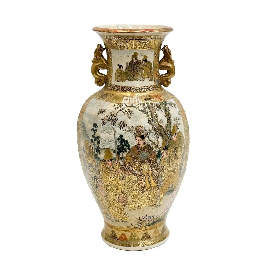 Japanese Satsuma Hand Painted Porcelain 14.5 inch Vase Handles Meiji period (1 of 11)