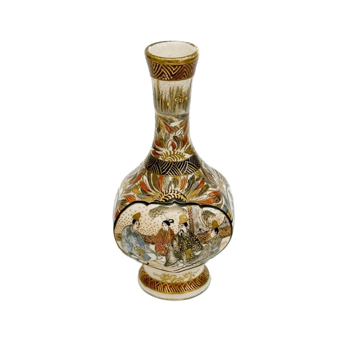 Japanese Satsuma Japanese Hand Painted Miniature Porcelain Vase Meiji period: Japanese Satsuma Japanese Hand Painted Miniature Porcelain Vase. Hexagonal shaped vase, panels of figures to the sides. Faint unidentifiable maker's mark to the underside. Weight: Approx. .5 lb Measur