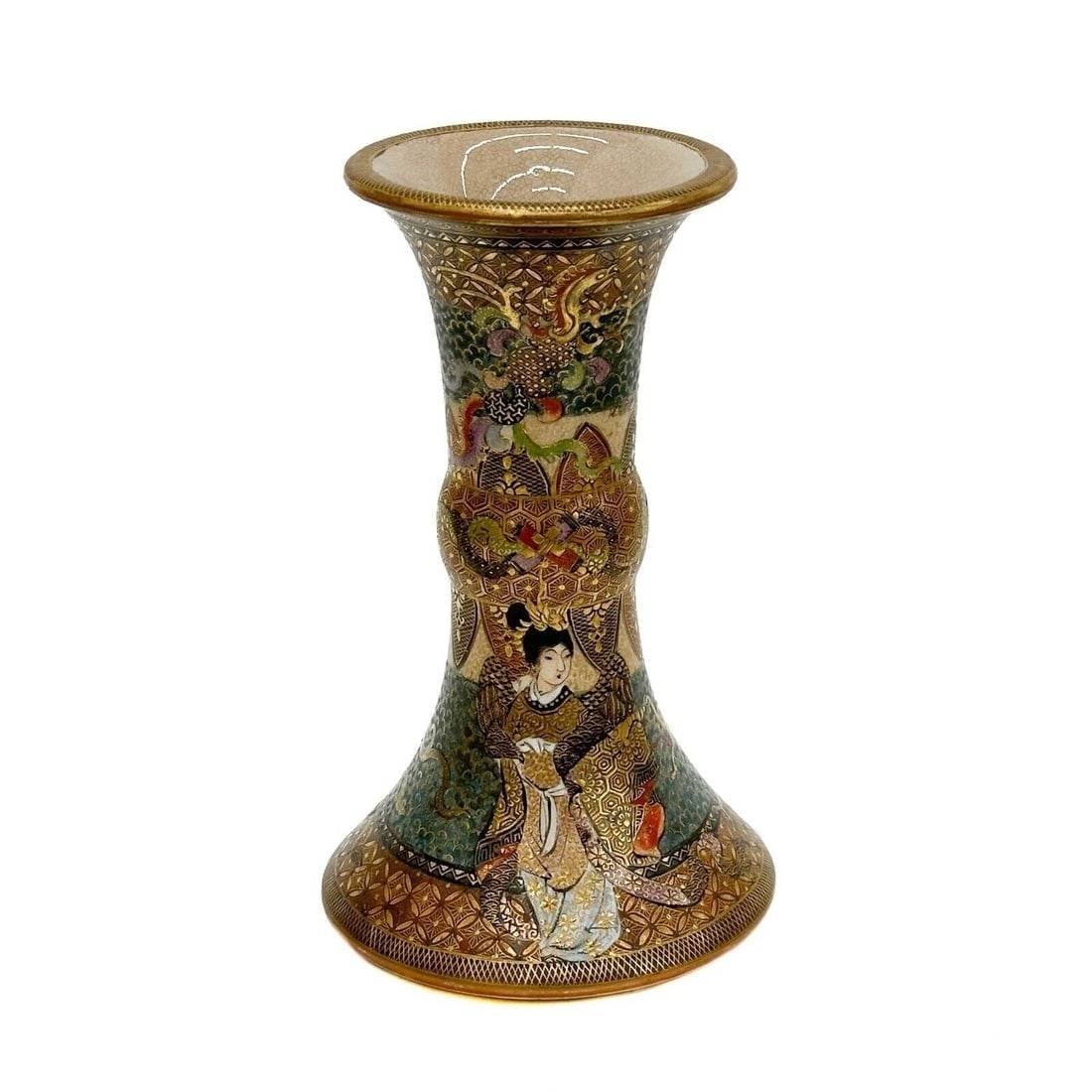 Fuzan Kyoto Japanese Satsuma Hand Painted Porcelain Vase Meiji period: Fuzan Japanese Satsuma Hand Painted Porcelain Vase, Meiji period. Vase ornately decorated with figures and dragons, gilt accents. Underside marked Kyoto Fuzan ?? ?? Weight: Approx. 1 lb Measurements: 