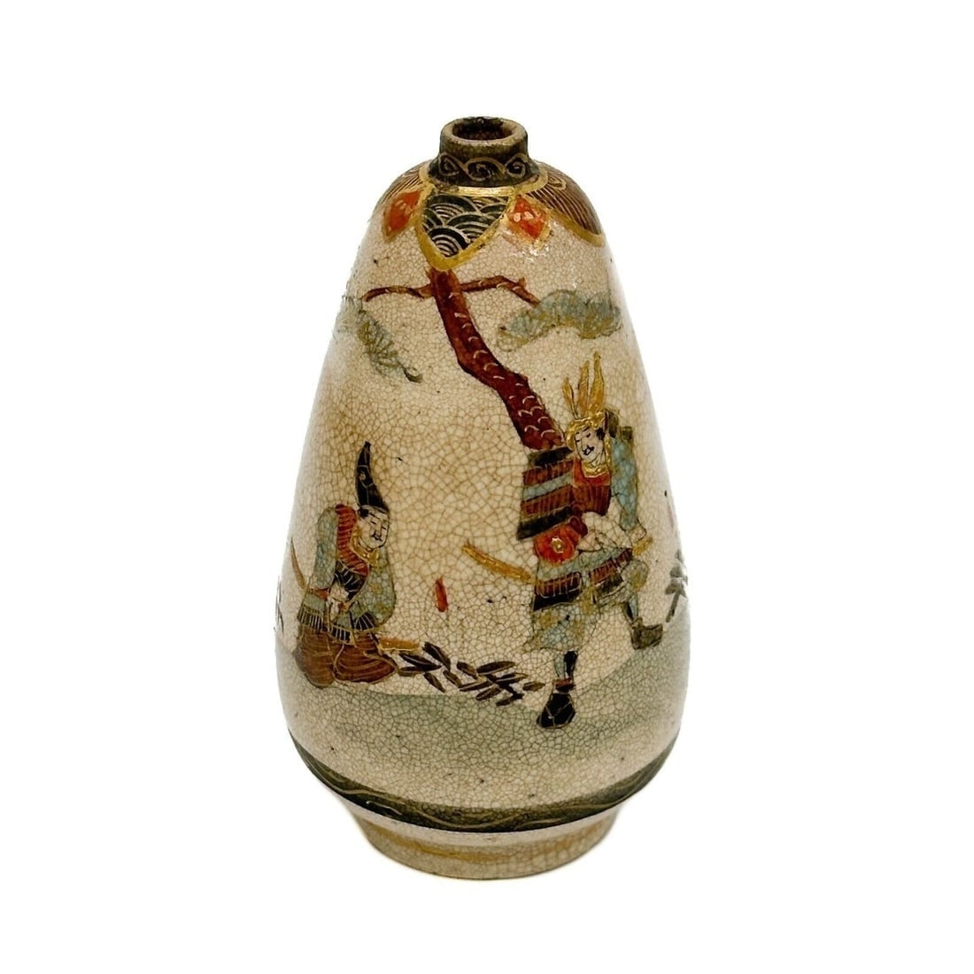 Japanese Satsuma Japanese Hand Painted Miniature Porcelain Vase Samurai: Japanese Satsuma Japanese Hand Painted Miniature Porcelain Vase. Hand painted scene with warriors/samurai to the sides, gilt accents. Unidentifiable maker's mark to the underside. Weight: Approx. less