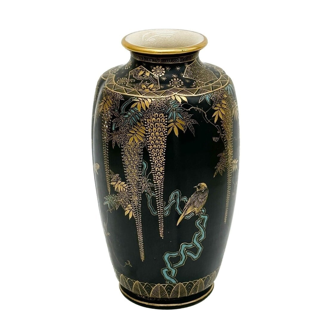 Hododa Japanese Satsuma Hand Painted Porcelain Vase Black with Wisteria Meiji (1 of 7)