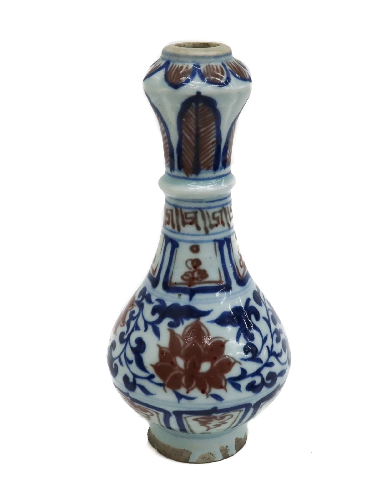 Chinese Glazed Porcelain Vase: Chinese Glazed Porcelain Vase. White gournd decorated with blue and read florals. Apparently unmarked. Weight Approx., 1 lbs Measures Approx., 3.5 inches diameter x 7.75 inches tall Domestic Shipping:
