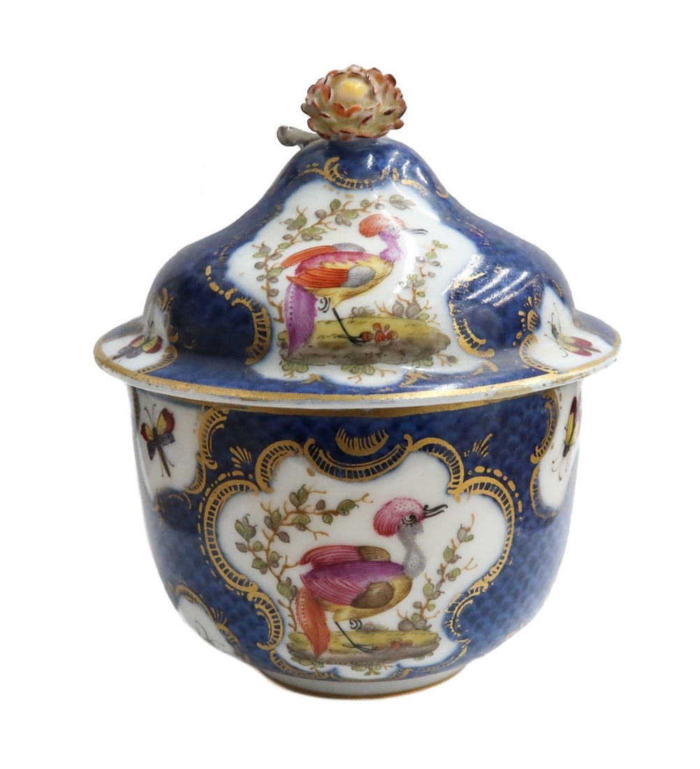 Royal Worcester England Porcelain Blue Scale Exotic Birds Sugar Bowl circa 1770: Royal Worcester England porcelain blue scale exotic birds sugar bowl, circa 1770. Blue scale ground with gilt accents and hand painted exotic birds. Royal Worcester blue fret mark to underside. Weight