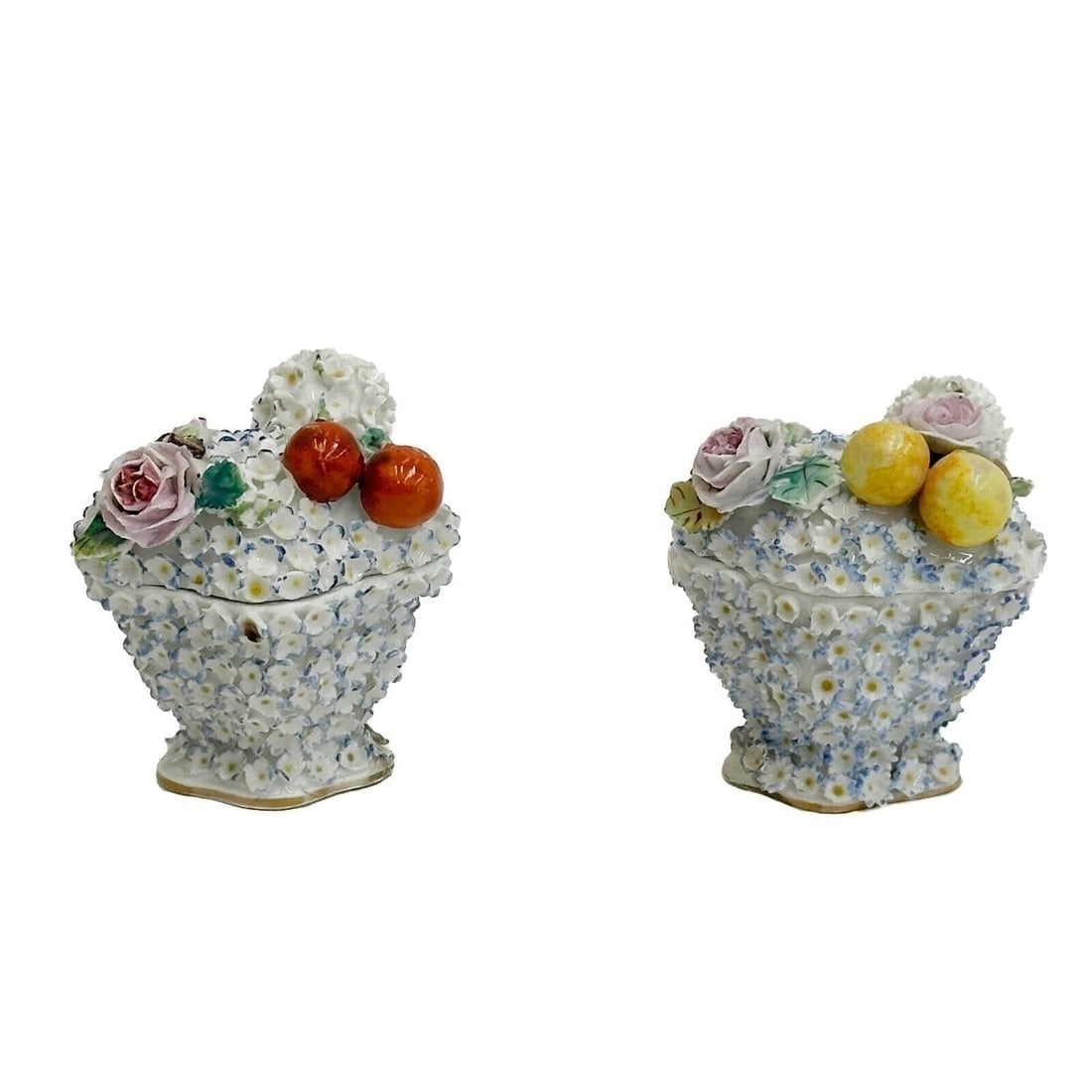 Pair German Floral Porcelain Lidded Containers Schneeballen Style 19th cen: Pair German Floral Porcelain Lidded Containers Schneeballen Style, 19th century. Raised florals and fruits to the exterior. Apparently unmarked Weight: Approx. 1 lb Measurements: Approx. 3 inches x 2 