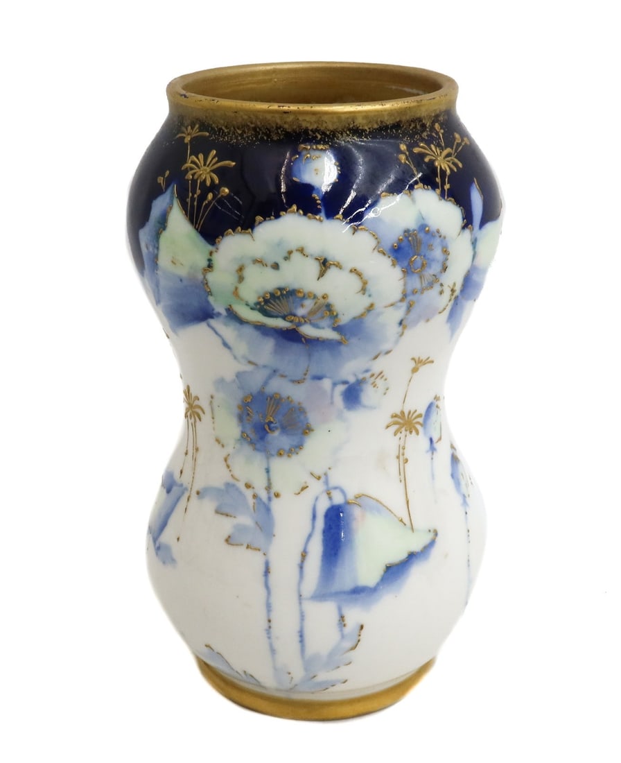 Amphora RSTK Art Nouveau Twin Handled Carnation Vase White and Cobalt Blue c1900: Amphora RSTK Art Nouveau twin handled carnation vase white and cobalt blue, circa 1900. A white and cobalt blue ground with blue carnations and gilt accents. Amphora RSTK mark to underside. Weight: Ap