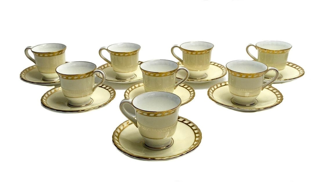 8 Minton England Porcelain Demitasse Cup and Saucers. Pale Yellow & Gilt: 8 Minton England porcelain demitasse cup and saucers. A pale yellow ground with gilt to the scalloped edges. Minton England mark to the underside base Weight Approx., 4 lbs Measures Approx., Cup: 3 in