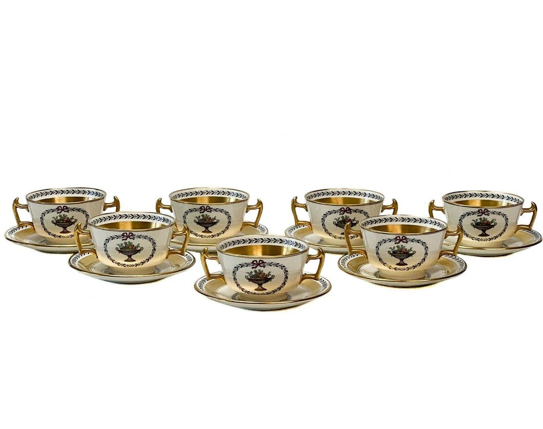 7 Copeland Spode Porcelain Bouillon Cups & Underplates in Chaplet c. 1920 (1 of 7)