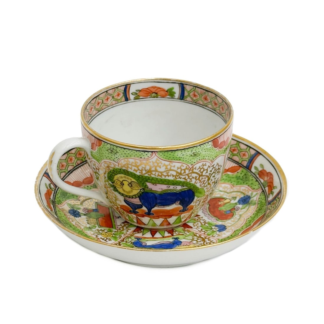 English Hand Painted Porcelain Cup & Saucer Dragons in Compartments 19th cen: English Hand Painted Porcelain Cup and Saucer in Dragons in Compartments, 19th century. Ornate hand painted decoration throughout. Apparently unmarked. Weight: Approx. .5 lb Measurements: Approx. Cup: