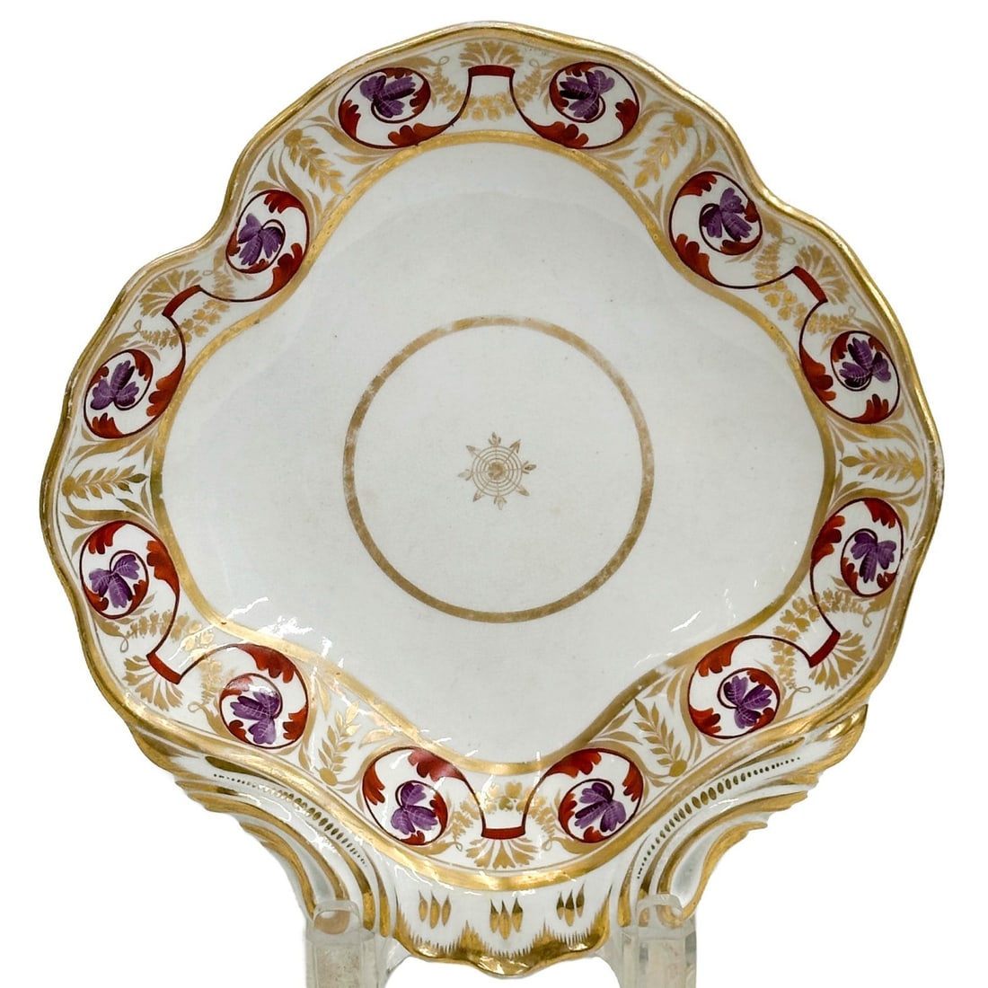 Royal Crown Derby Hand Painted Porcelain Shell Dish circa 1810: Royal Crown Derby Hand Painted Porcelain Shell Dish, circa 1810. A white ground, decorated to the edge with red green and gilt foliate designs. Gilt decoration to the center. Underside with red Derby 