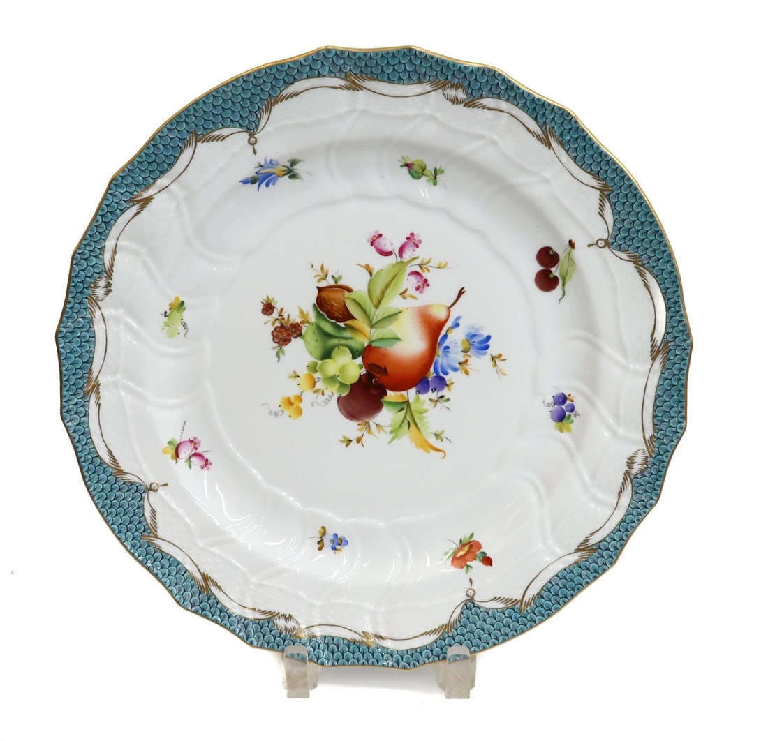 Herend Hungary Fruits and Flowers Turquoise Blue Scale 12 inch Round Dish (1 of 7)