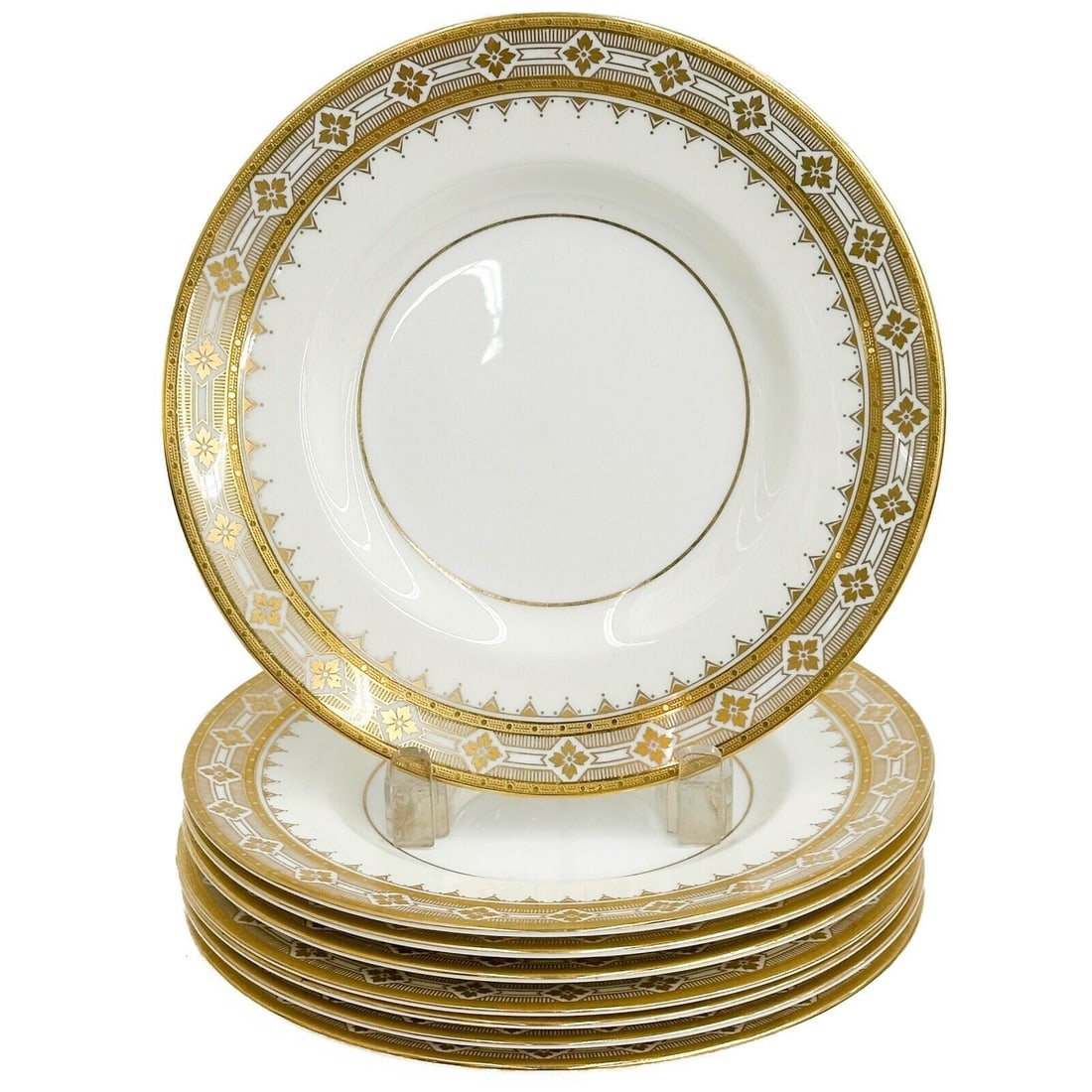 8 Minton England for Tiffany & Co Gilt Porcelain 9 inch Salad Plates H4134: 8 Minton England for Tiffany & Co Gilt Porcelain 9 inch Salad Plates #H4134, circa 1960. Weight: Approx. 8 lbs Measurements: Approx. 9 inches diameter Condition: Very good condition, utensil marks to 
