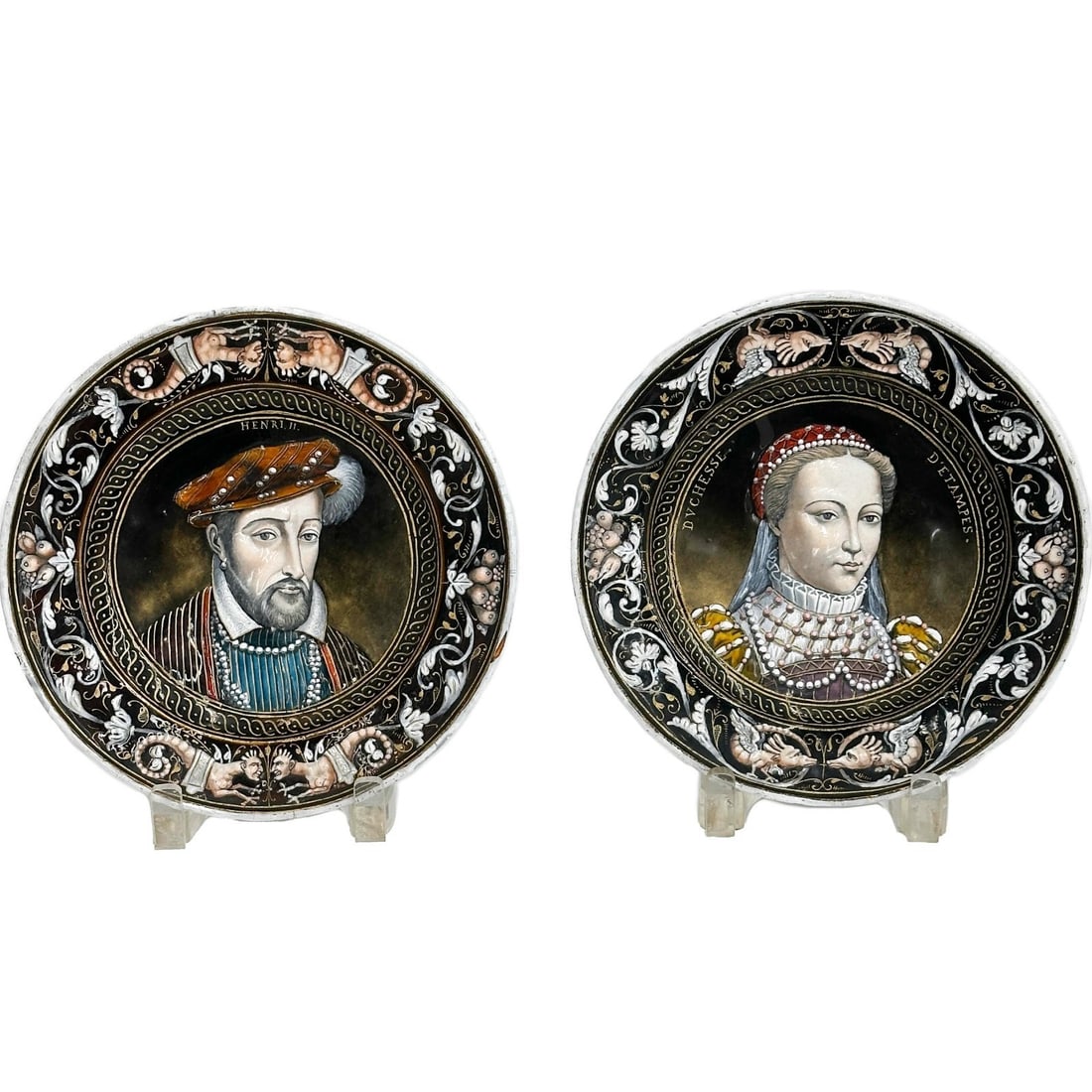 Pair Limoges Enamel Copper Portrait Plates Henri II Duchesse D'Etampes 19th cen (1 of 9)