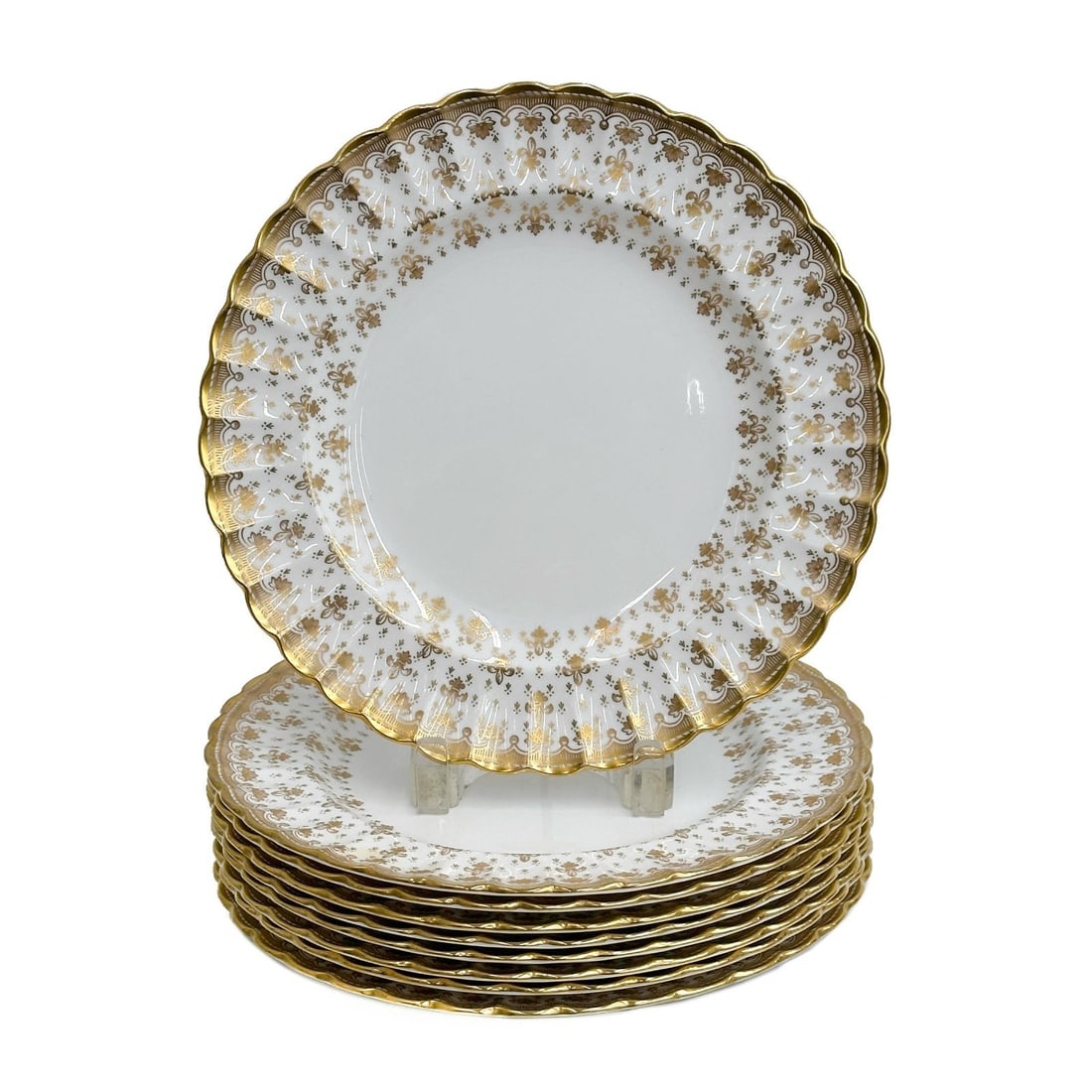 9 Spode England Gilt Porcelain Dinner Plates in Fleur de Lys Gold Y8063 c. 1965 (1 of 6)
