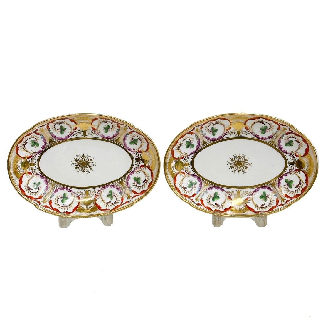 Pair English Hand Painted Porcelain Oval Dishes circa 1900: Pair English Hand Painted Porcelain Oval Dishes circa 1900 A white ground, decorated to the edge with red green and gilt foliate designs. Gilt decoration to the center. Apparently unmarked Weight: App