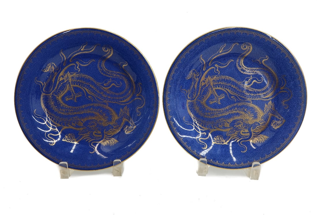 Pair Wedgwood England Porcelain Powdered Blue Gilt Dragon Plates circa 1900 (1 of 8)