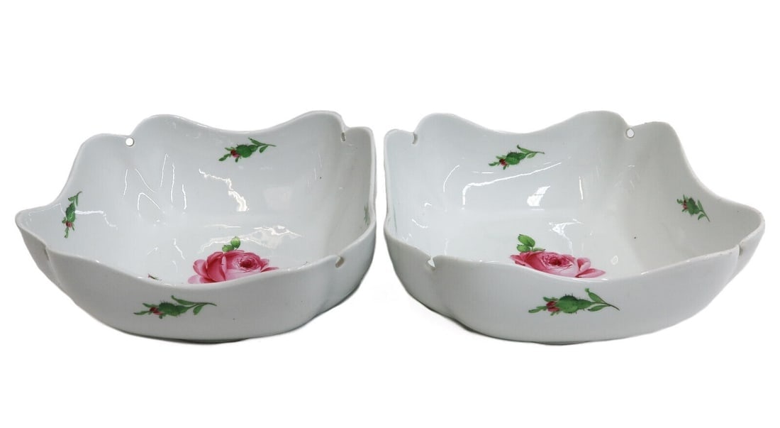 Pair Meissen Germany Hand Painted Porcelain Rose Square Bowls: Pair Meissen Germany hand painted porcelain rose square bowls. The center with hand painted pink roses to center with green leaves to interior walls. Meissen mark to underside with 2nd strike Weight: 