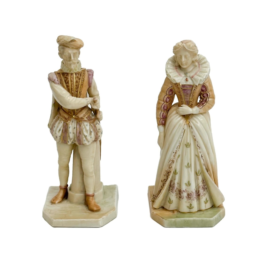 Pair Royal Worcester Porcelain Blush Ivory Figurines Man and Woman c1885: Pair Royal Worcester Porcelain Blush Ivory Figurines. Depicts a well dressed man and woman, gilt accents. Royal Worcester marks to the underside for 1885. Weight: Approx. 1 lb Measurements: Approx. 2.