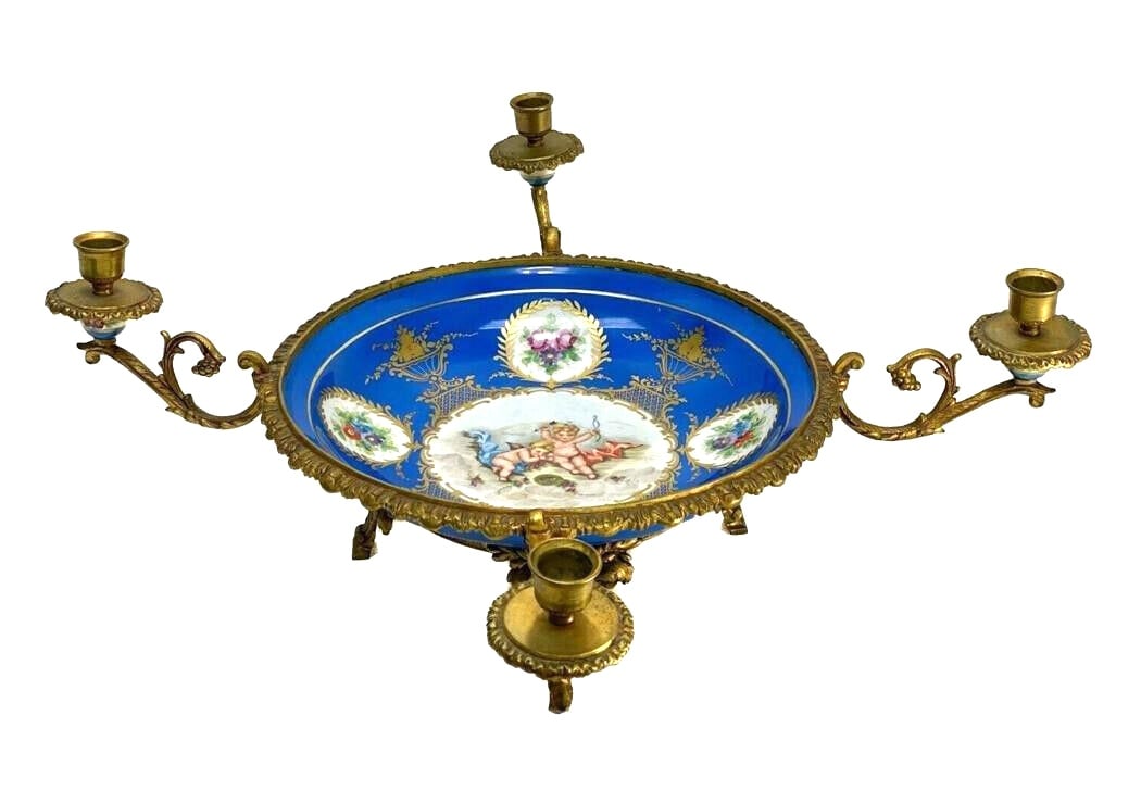 Sevres France Hand Painted Porcelain Centerpiece Bowl with Candle Holders c1920 (1 of 8)