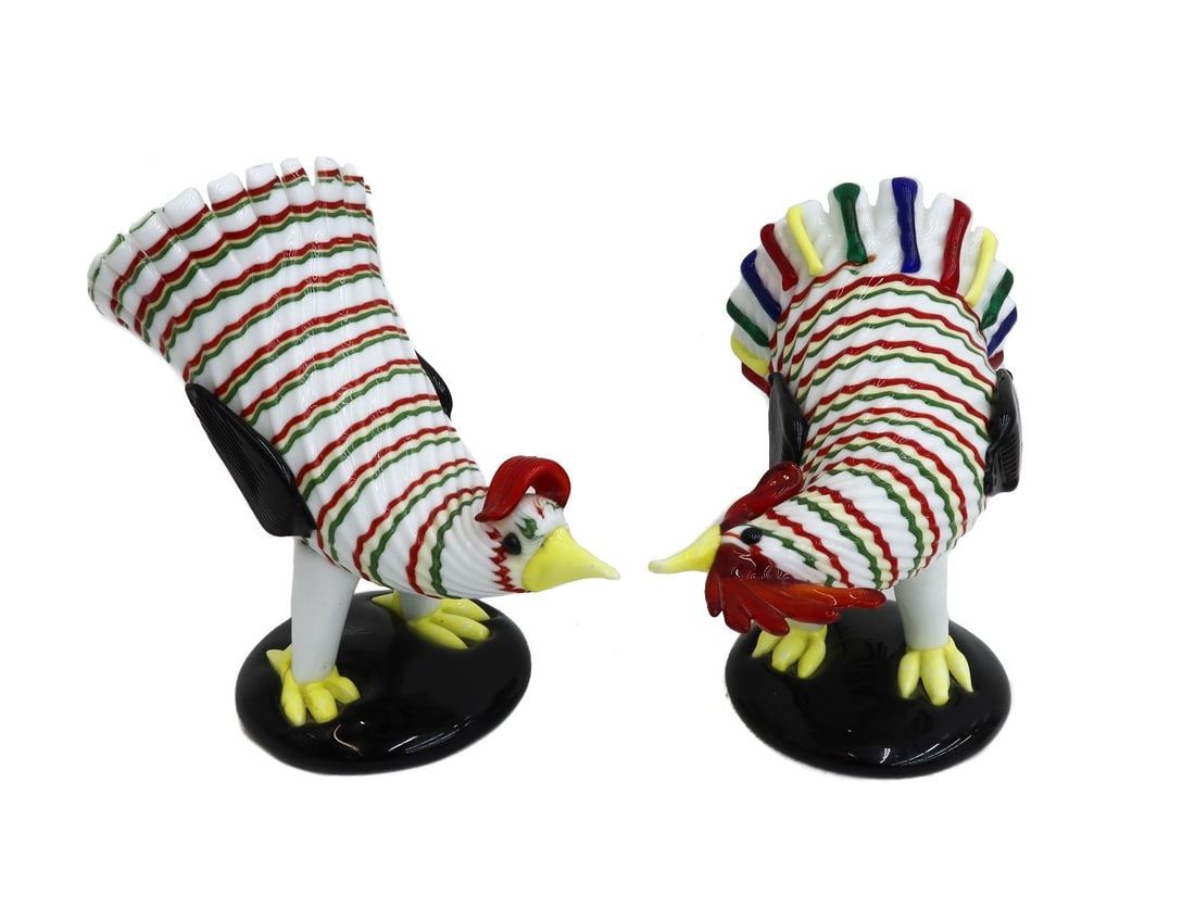 Fulvio Bianconi for Venini (1915-1996) Rooster and Hen Milk Glass Figures c1955: Fulvio Bianconi for Venini (1915-1996)"Gallo e Gallina" (Rooster and Hen) lattimo (milk glass) figures, circa 1955. The sculptures depict a rooster and hen with a lattimo base and green, yellow, and r
