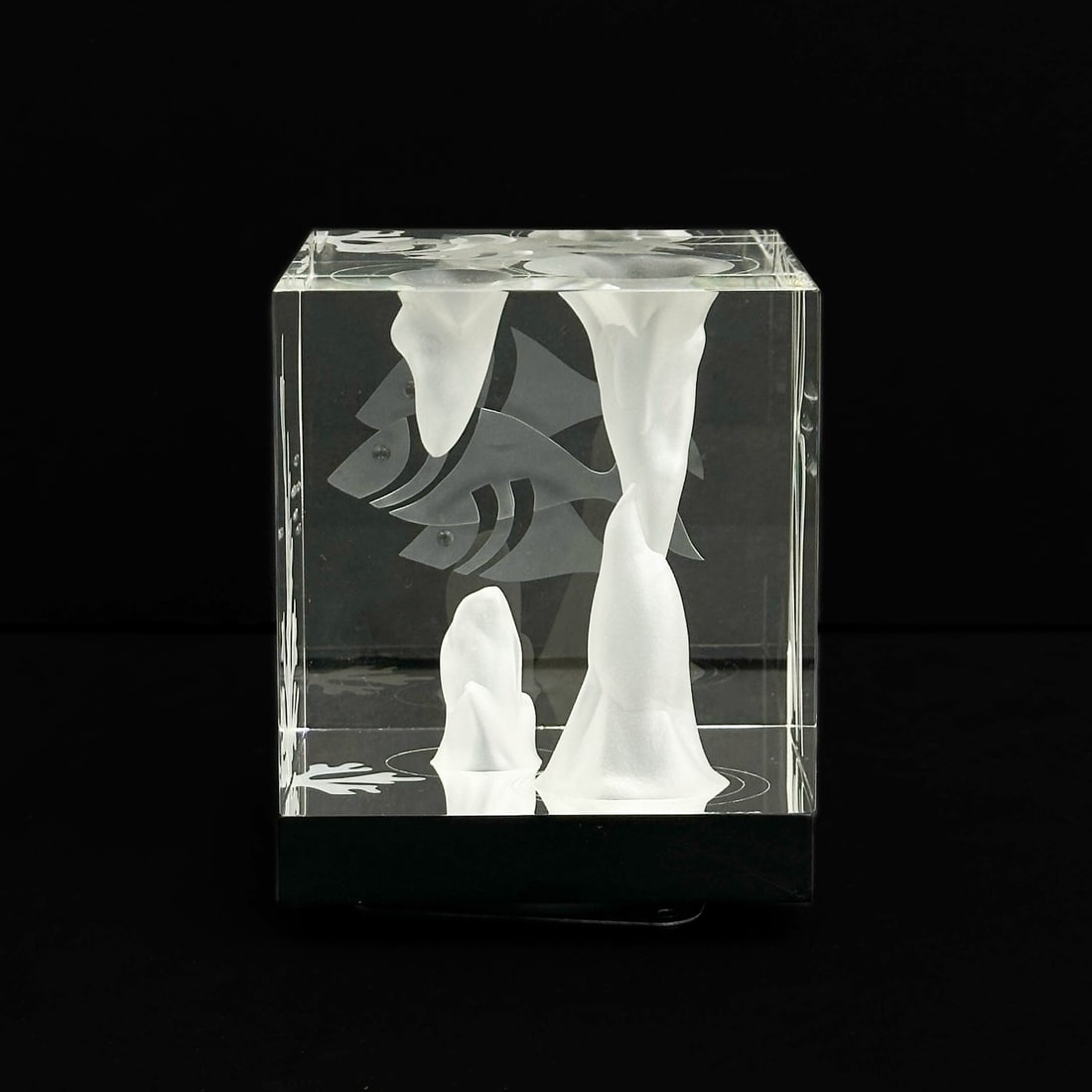 Steuben Art Glass Sculpture Water Windows Fish by Bernard X Wolff with Box: Steuben Art Glass Sculpture "Water Windows" by Bernard X. Wolff 1980. Glass cube with engraved fish. Underside marked Steuben. With original red leather fitted box and folio. Weight: Approx. 7 lb Meas