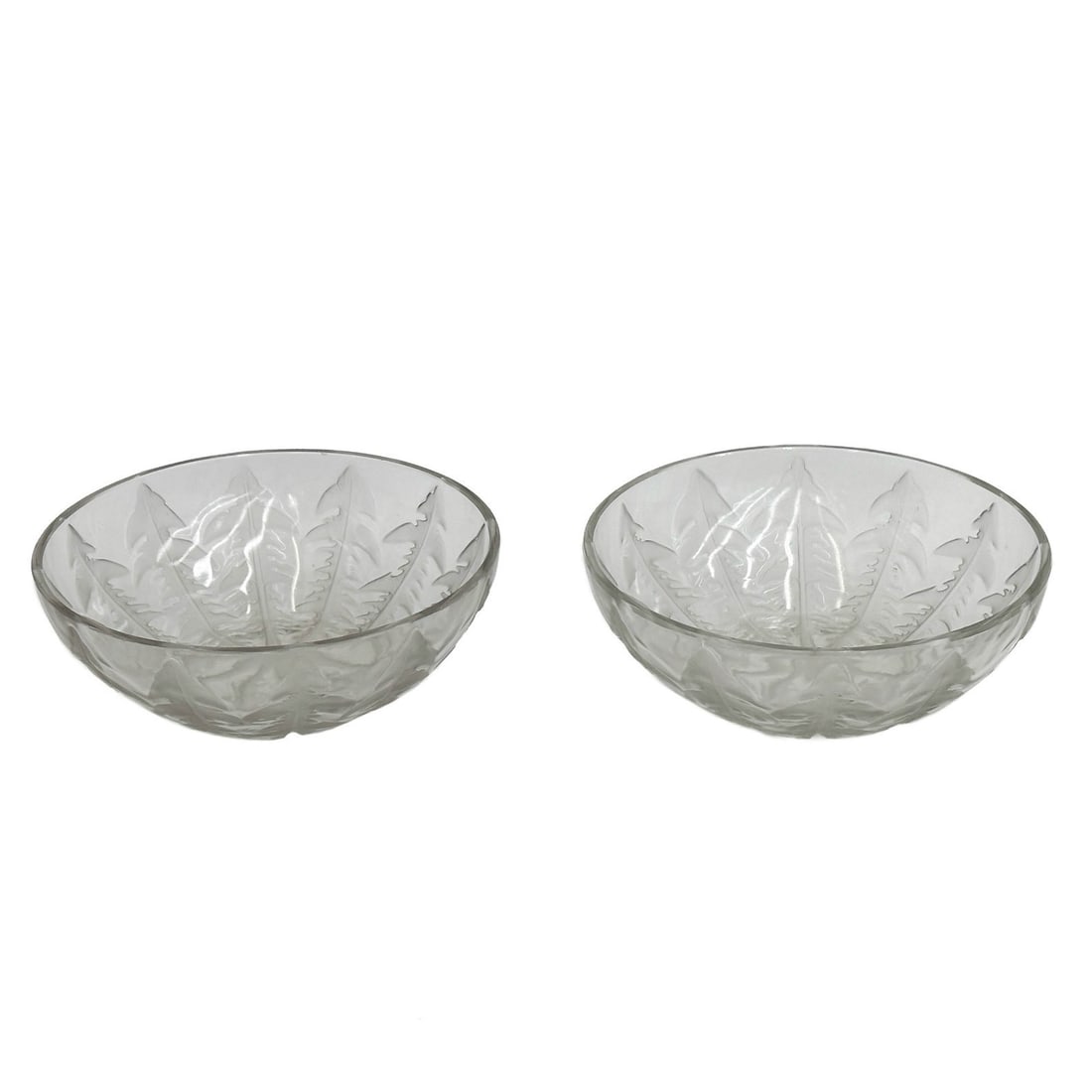 Pair Rene Lalique Art Glass Pissenlit Dandelion Leaves Bowls Signed: Rene Lalique France Pissenlit Dandelion Leaves Art Glass Bowls. Bowls decorated with dandelion leaves. Each marked to the center of the bowl R Lalique France. Weight: Approx. 5.5 lbs Measurements: App