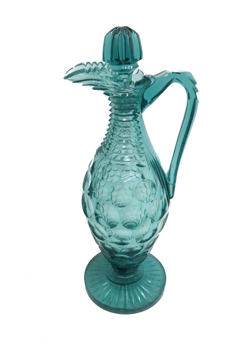 English Blue Seafoam Cut Glass Ewer, 19th Century, Thumbprint & Stripes: English Blue Seafoam Cut Glass Ewer, 19th Century. Thumbprints and stripes to body. Starburst underside. Likely English. Weight Approx., 2 lbs Measures Approx., 6 inches x 4 inches diameter x 13.25 in