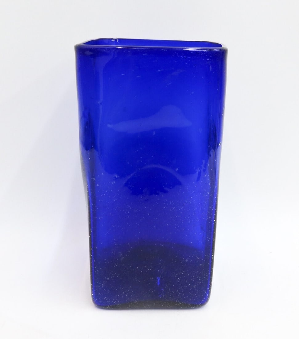French Blown Cobalt Blue Controlled Bubble Rectangular Vase Mid Century - 2
