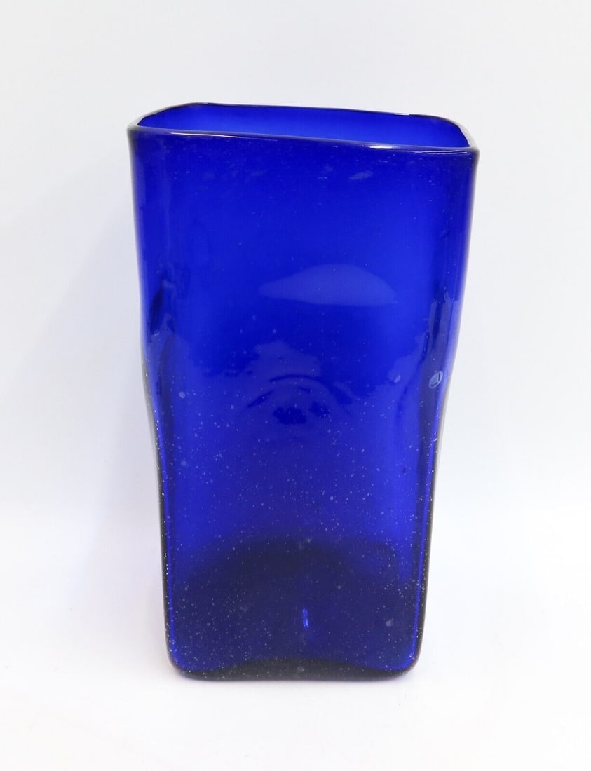 French Blown Cobalt Blue Controlled Bubble Rectangular Vase Mid Century - 3