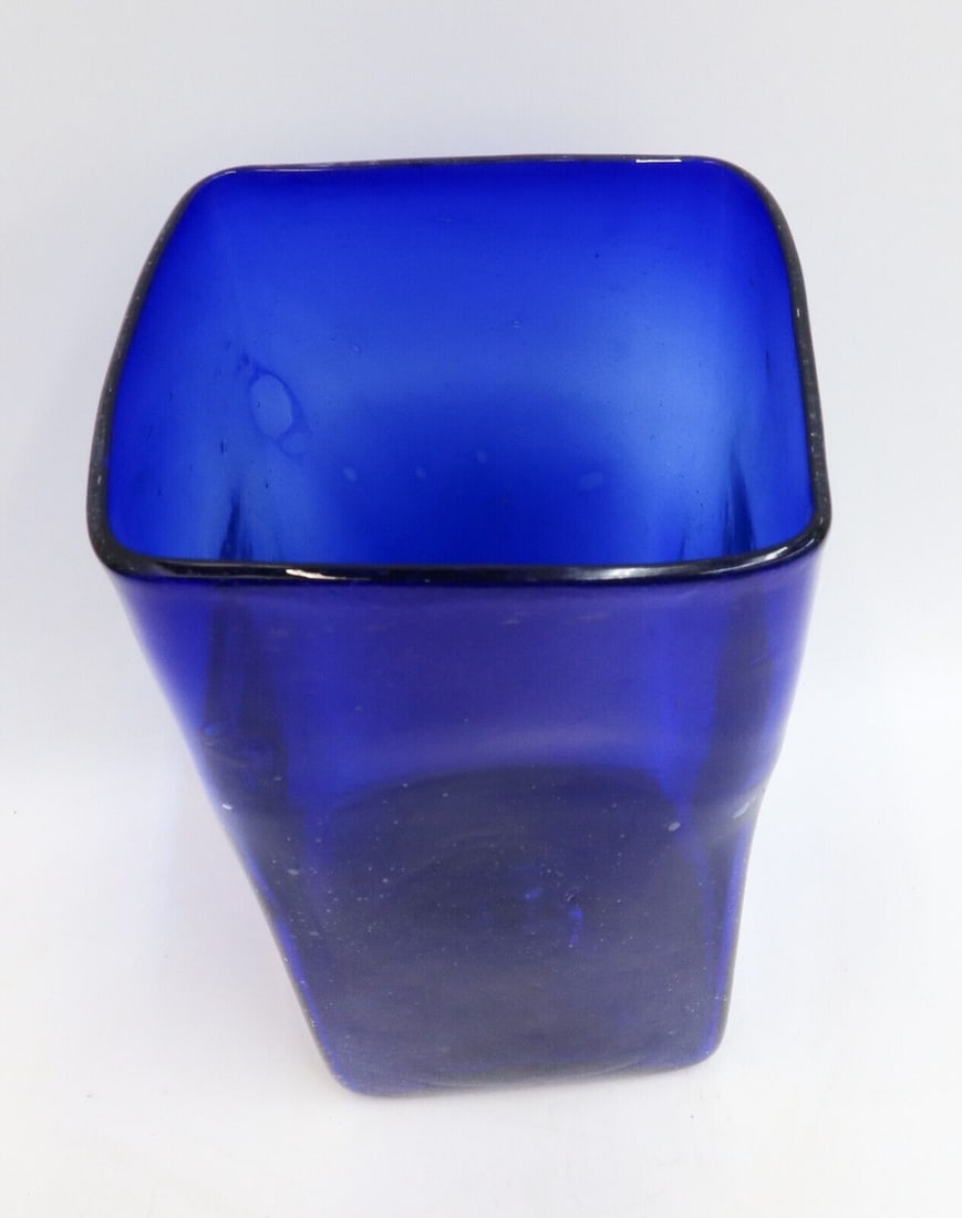 French Blown Cobalt Blue Controlled Bubble Rectangular Vase Mid Century - 4