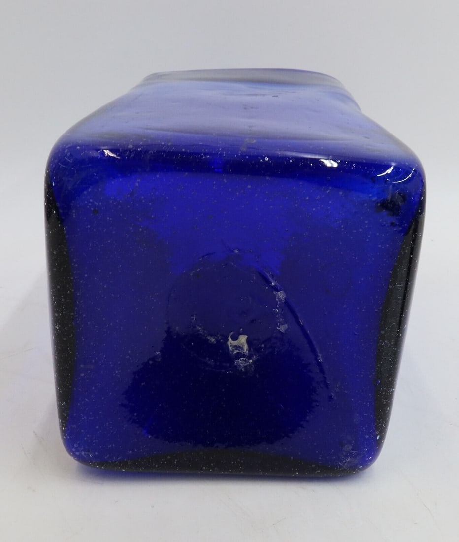 French Blown Cobalt Blue Controlled Bubble Rectangular Vase Mid Century - 5