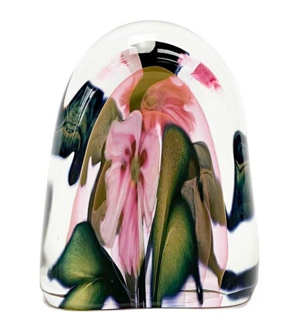 Charles Lotton 2010 Multi Flora Pink Floral Art Glass Sculpture, Signed: Charles Lotton 2010 Multi Flora Art Glass Sculpture. Clear glass sculpture with pink and green floral decoration to the interior. Underside with etched marks Charles Lotton 2010 Multi-Flora. Weight Ap