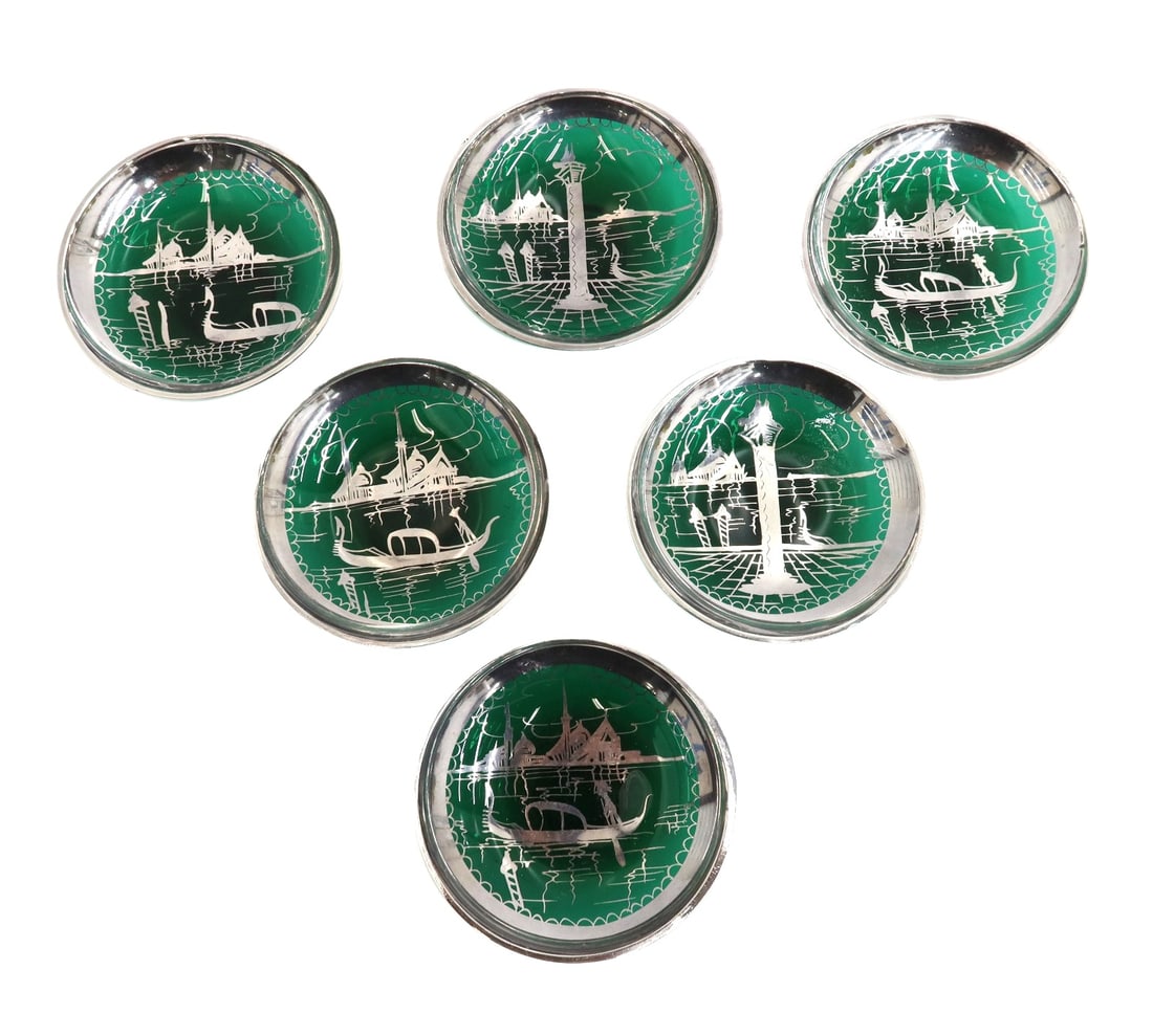 6 Murano Green Colored Glass and Silver Overlay Condiment Dishes (1 of 6)