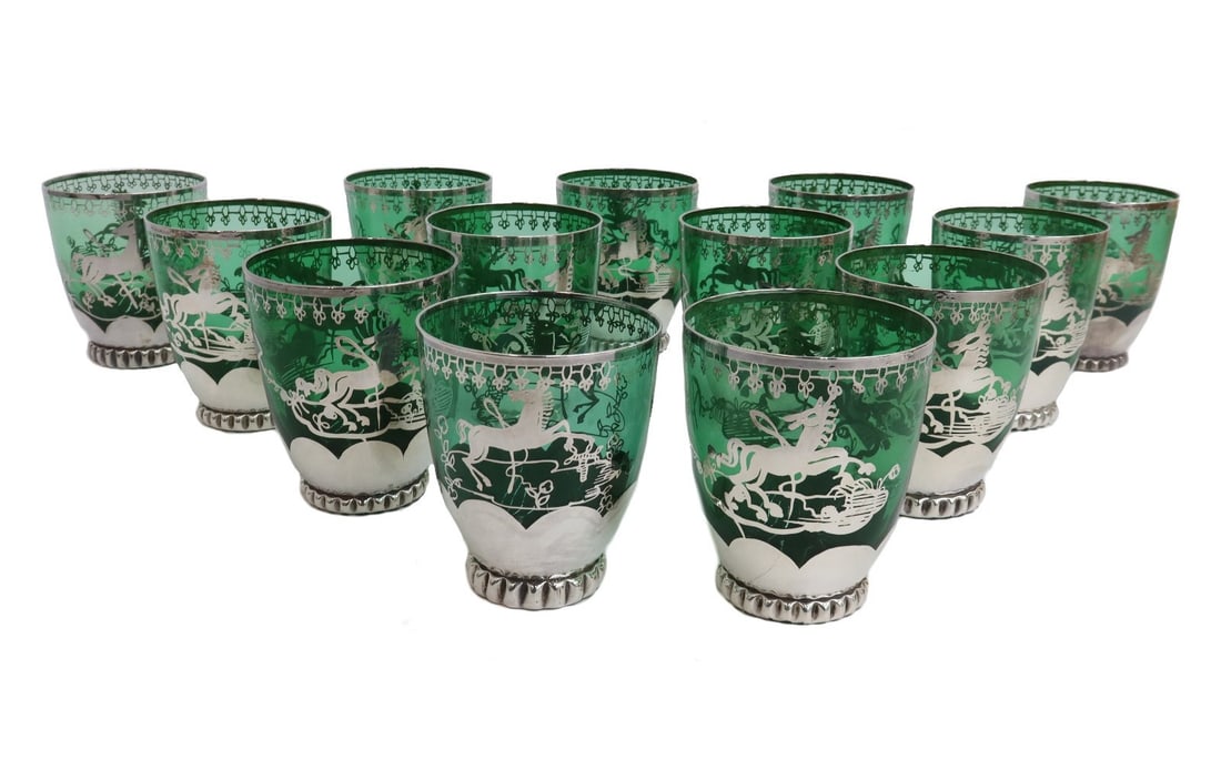 13 Murano Green Colored Glass and Silver Overlay Horse Small Tumbler Goblets (1 of 10)