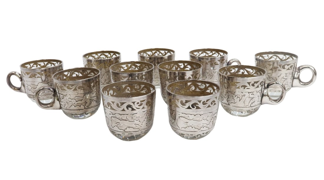 11 American Blown Glass Acid Etched Silver Overlay Juice Punch Cups 20th C (1 of 8)