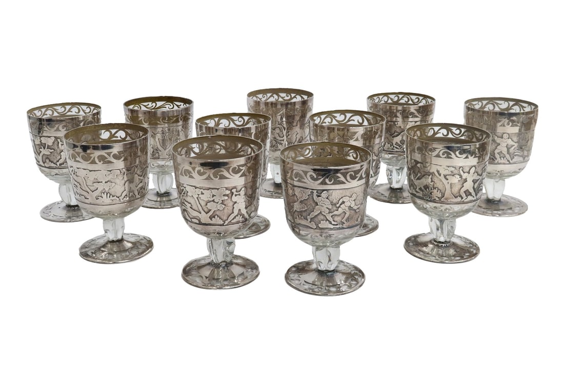 11 American Blown Glass Acid Etched Silver Overlay 8oz Red Wine Goblets 20th C (1 of 7)