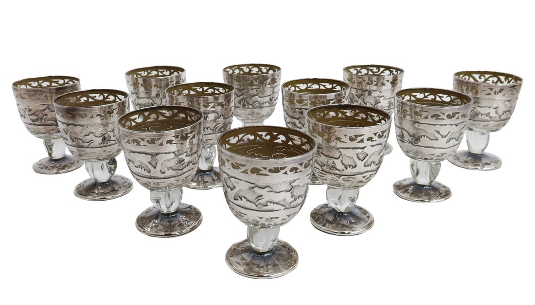 12 American Blown Glass Acid Etched Silver Overlay Cordial Wine Goblets 20th C (1 of 7)