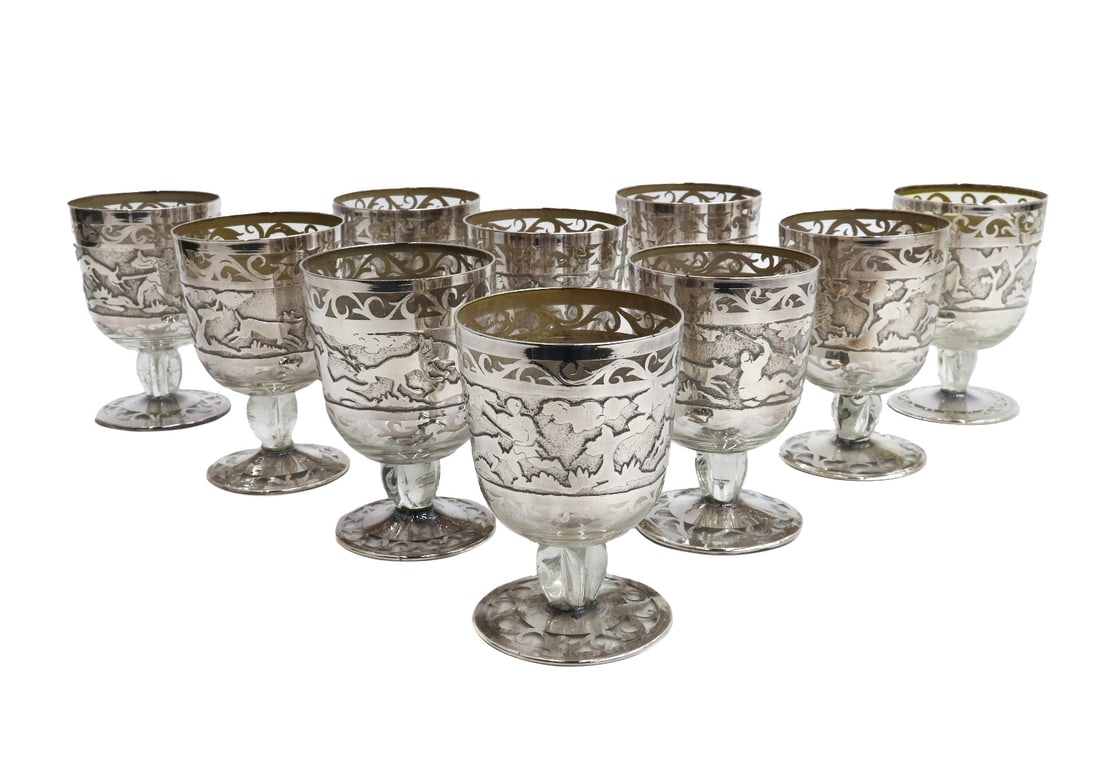 10 American Blown Glass Acid Etched Silver Overlay 7oz Wine Goblets (1 of 9)
