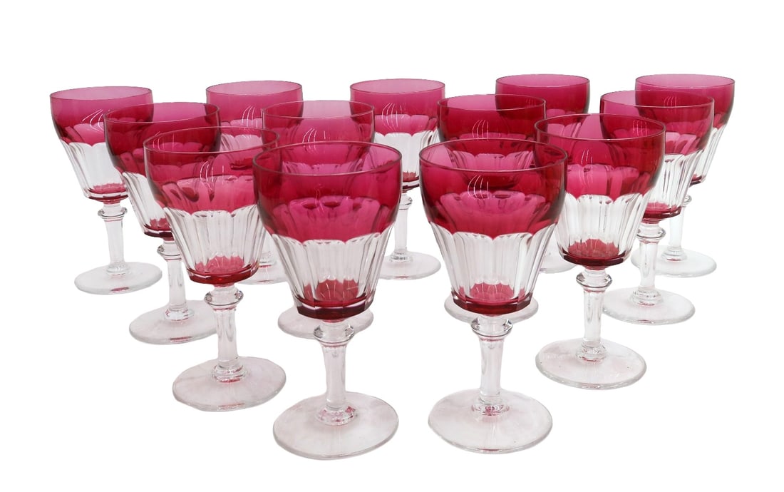 13 Val St. Lambert 7.5 oz Cranberry Red Cut to Clear Wine Goblets in Colonial (1 of 5)