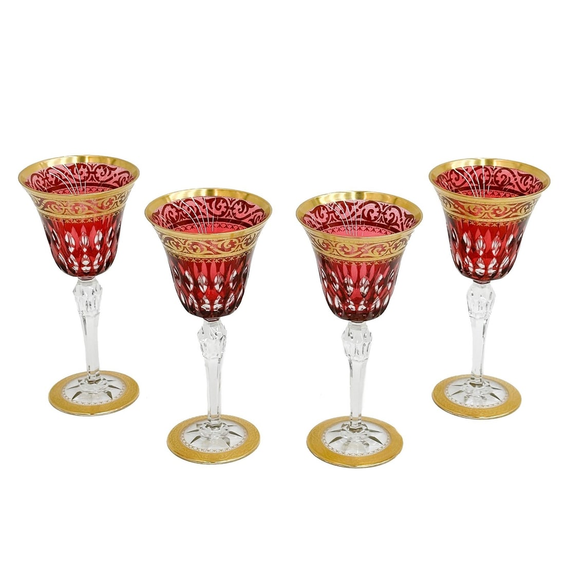 4 Saint (St.) Louis France Red Cut to Clear Glass Wine Glasses Stella Gold (1 of 7)