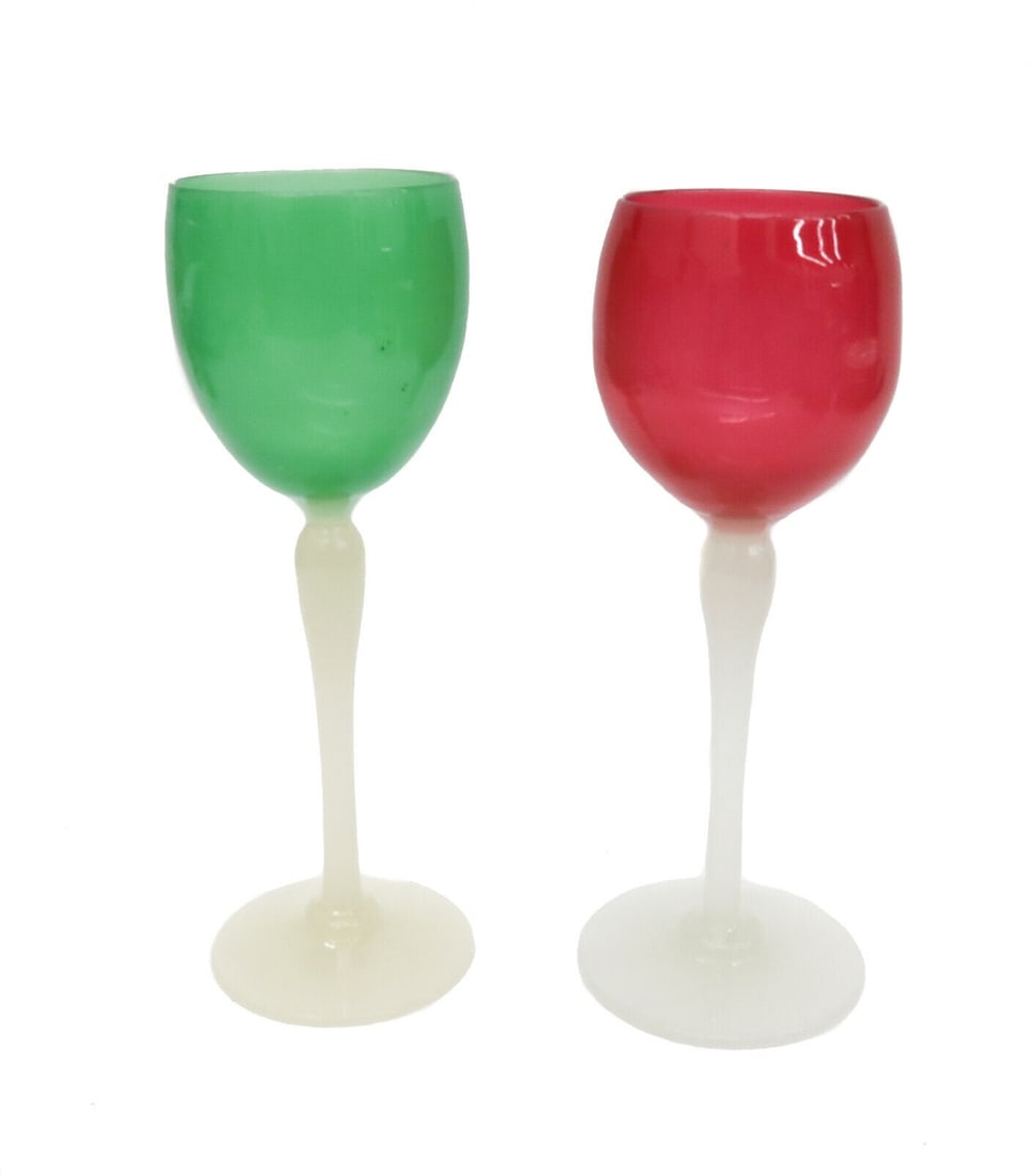 Pair Stevens and Williams Rosaline Pink Green Alabaster White Stem Wine Glasses (1 of 5)