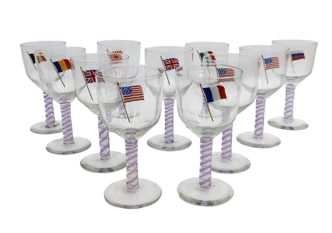 11 English Air Twist Wine Glasses 19th Century Enameled WWI Allied Flags (1 of 7)