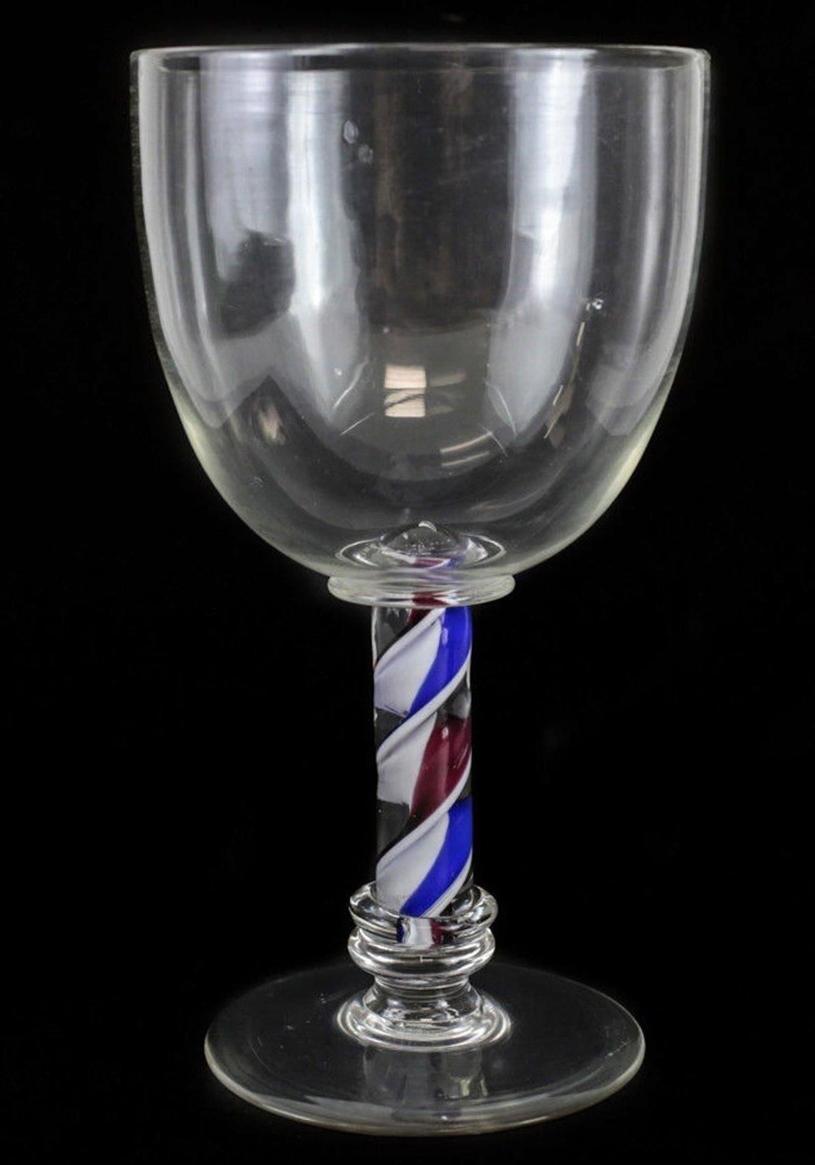Italian Art Glass Goblet, circa 1940. Red White and Blue Twisted Stem (1 of 3)