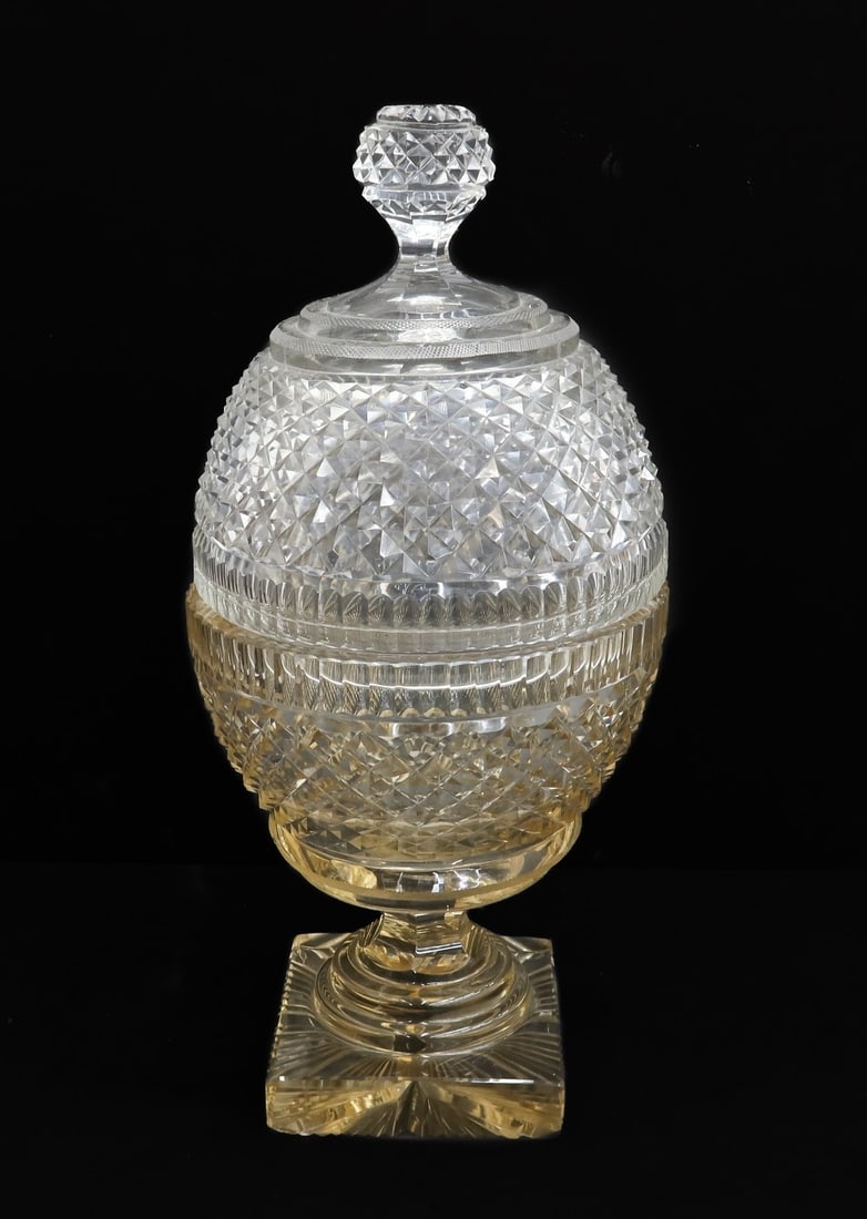 Large English Clear and Amber Cut Glass Footed Sweetmeat Jar circa 1820 (1 of 8)