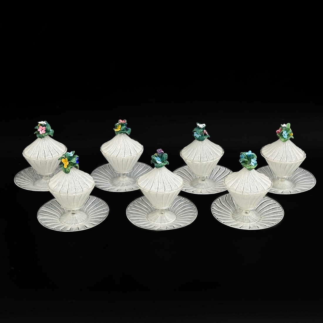 7 Venetian Art Glass Latticino Dessert Compotes & Saucers with Florals c1940 (1 of 9)